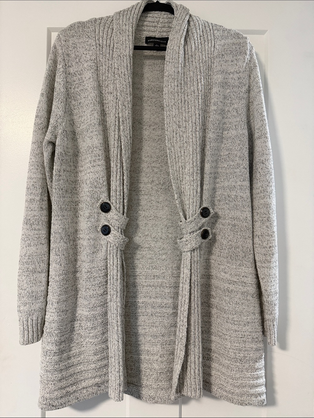 Light Gray Open-Front Knit Cardigan with Button Tab Detail